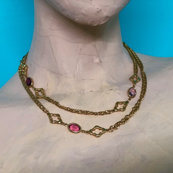 VTG 70s Gold Tone Dbl Curb Fancy Chain 36" Opera Length Necklace/Colored Stones - Picture 7 of 12